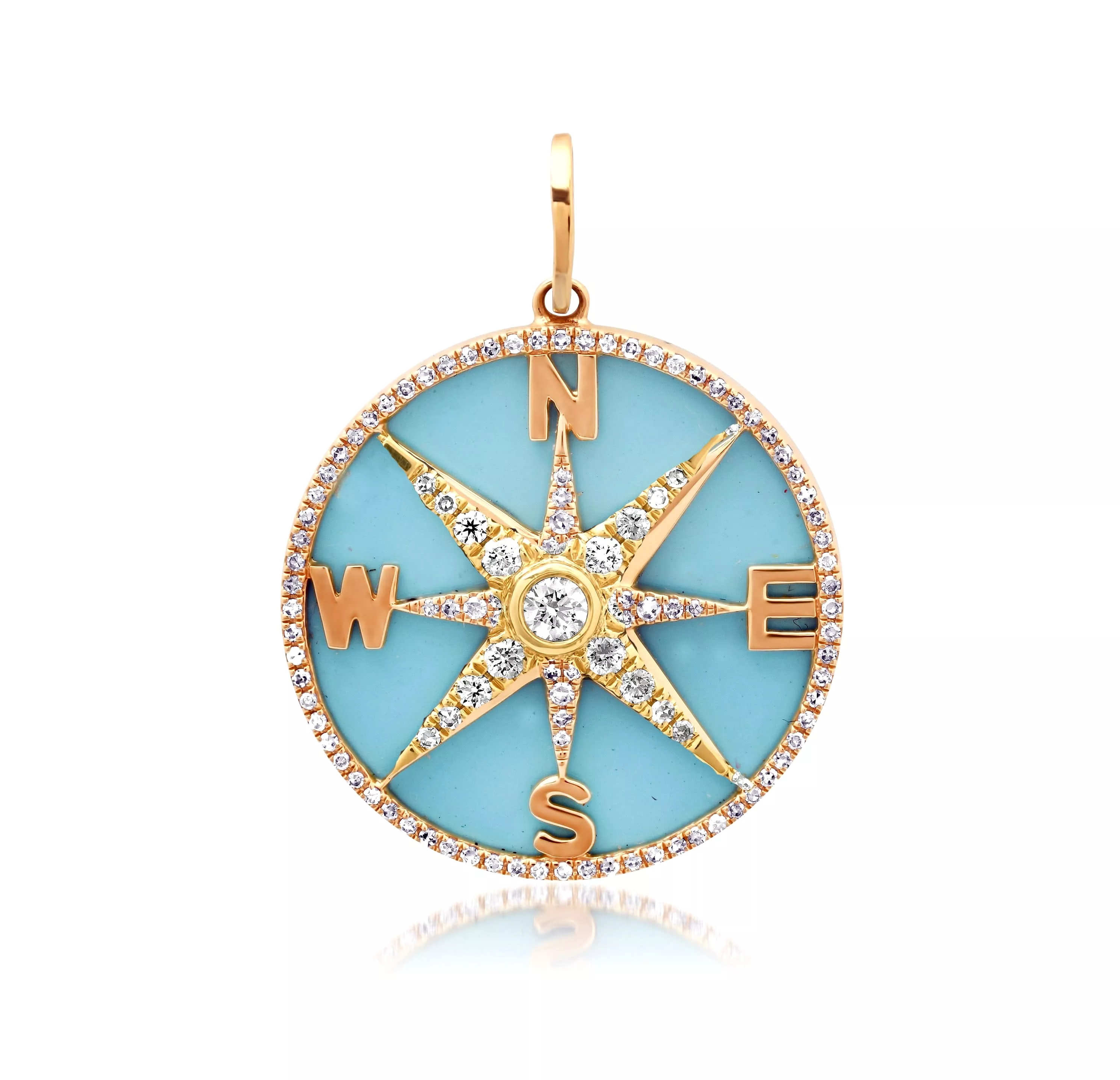 14K Gold Turquoise and Pave Diamond Compass Charm, Full Diamonds