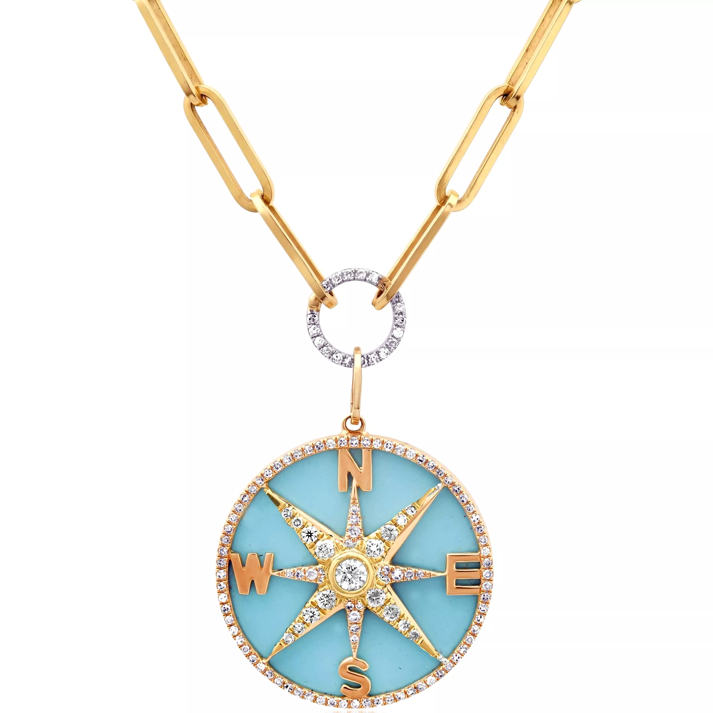 14K Gold Turquoise and Pave Diamond Compass Charm, Full Diamonds