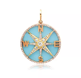 14K Gold Turquoise and Pave Diamond Compass Charm, Full Diamonds