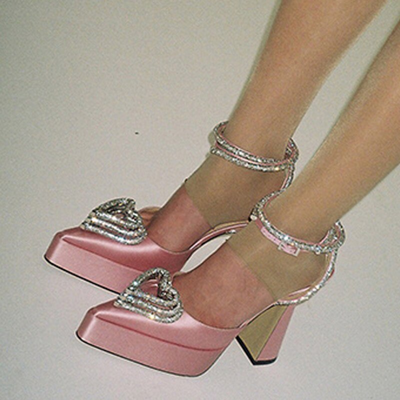 2023 Spring Summer Rhinestone High Heels Crystal Heart Shape Buckle Pointed Toe Shoes Platform Pumps Sandals