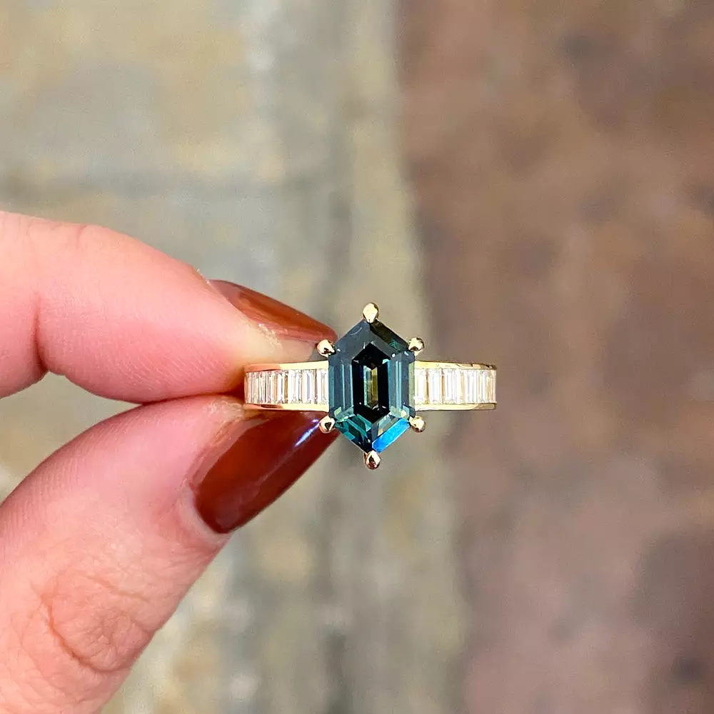 2.15 ct Hexagonal Teal Sapphire Cascade Solitaire