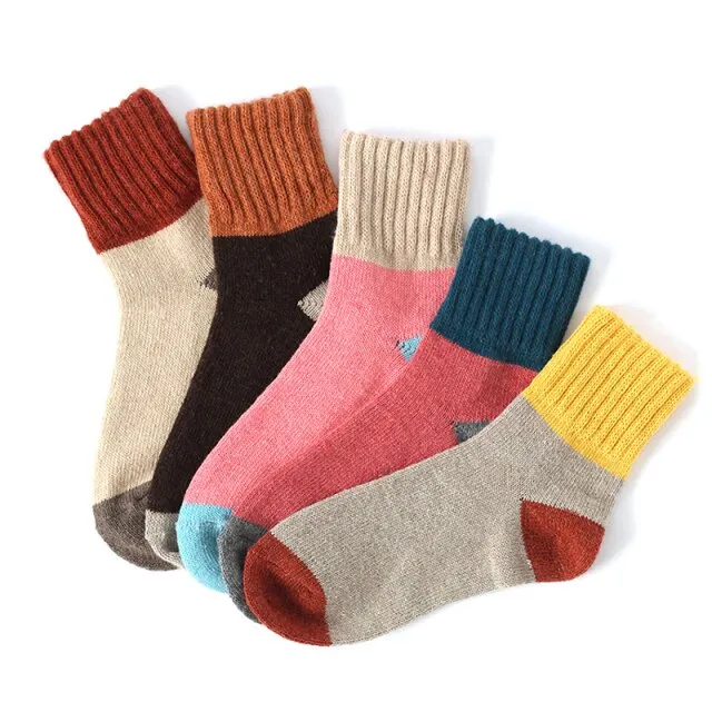 5 Pairs Women Winter Socks Vintage Patchwork Rabbit Wool Cotton Socks