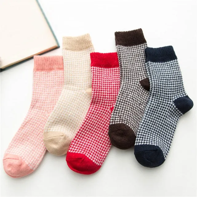 5 Pairs Women Winter Socks Vintage Patchwork Rabbit Wool Cotton Socks