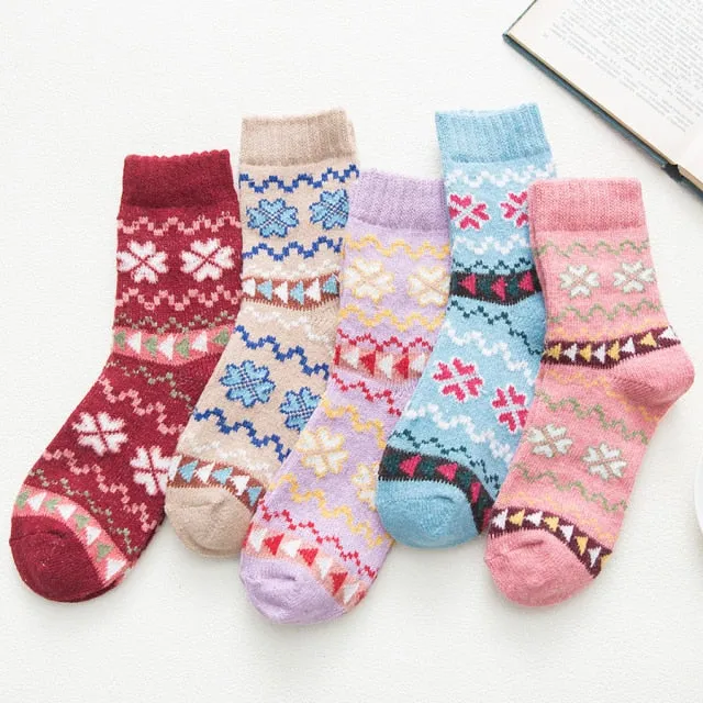 5 Pairs Women Winter Socks Vintage Patchwork Rabbit Wool Cotton Socks