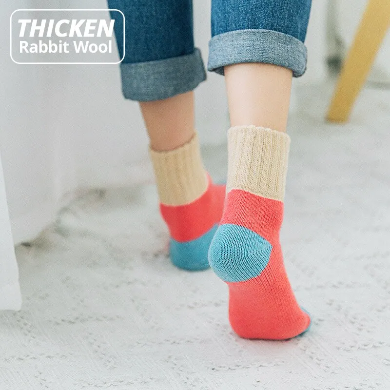 5 Pairs Women Winter Socks Vintage Patchwork Rabbit Wool Cotton Socks