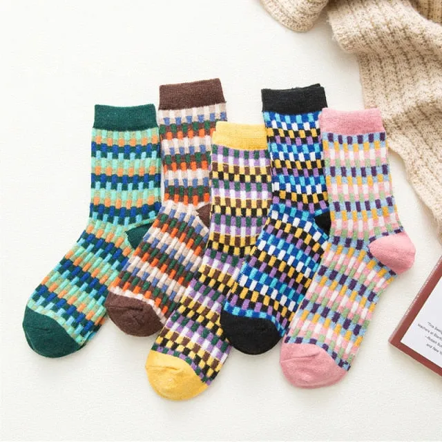 5 Pairs Women Winter Socks Vintage Patchwork Rabbit Wool Cotton Socks