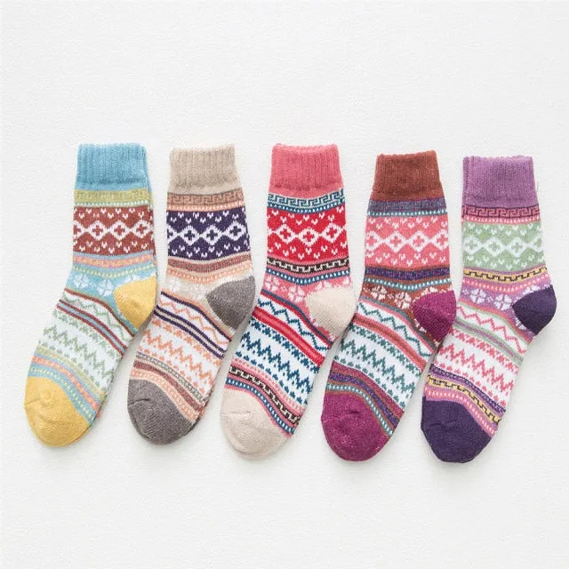 5 Pairs Women Winter Socks Vintage Patchwork Rabbit Wool Cotton Socks