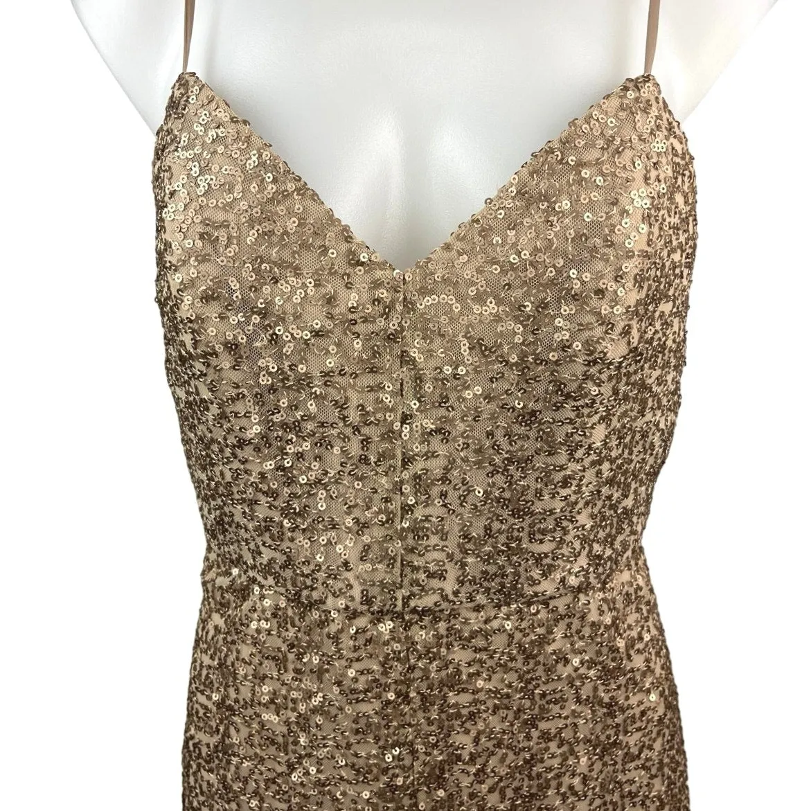 Amsale Samantha Gold Sequin Spaghetti Strap V Neck Evening Prom Gown Dress Sz 8