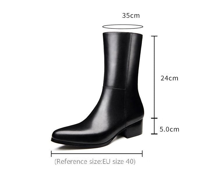 Autumn Winter Mens Genuine Leather Mid Boots Pointed Toe High Heel Zip 5cm Height Increase Warm Chelsea Boots Big Yards 45 46