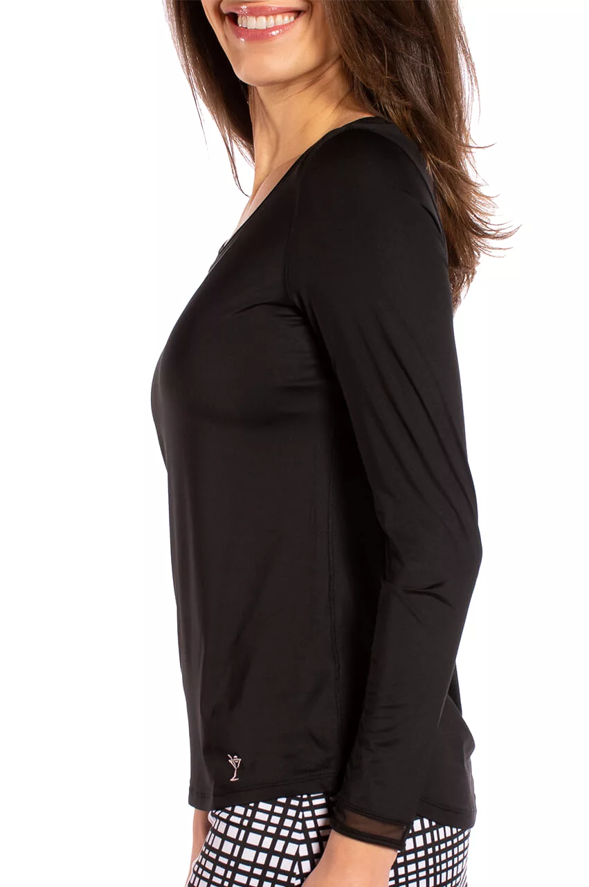 Black Long Sleeve Mesh Trim Top