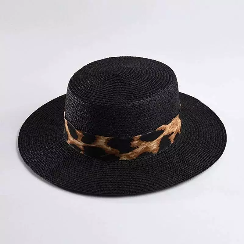 Black Paper Straw Summer Hat With Leopard Ribbon