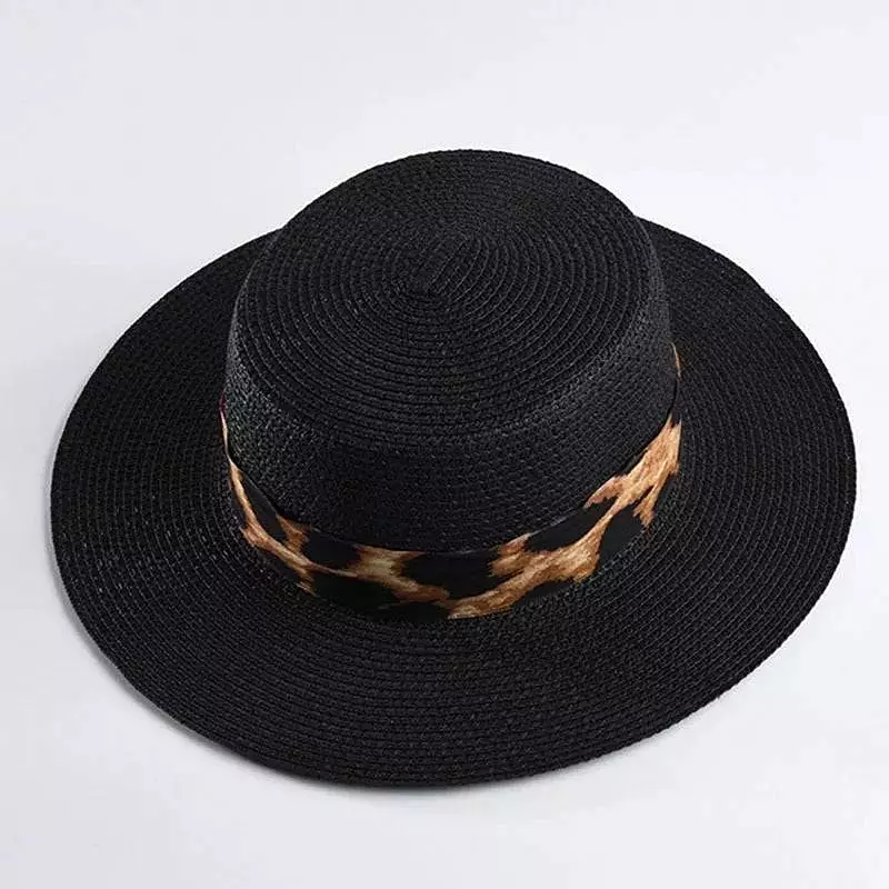 Black Paper Straw Summer Hat With Leopard Ribbon