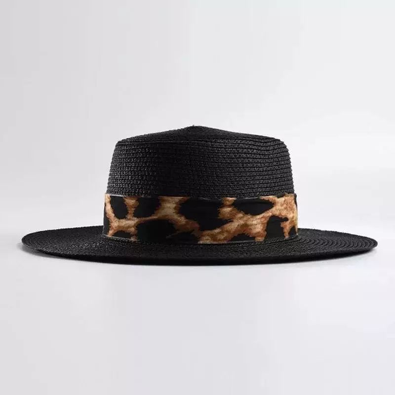 Black Paper Straw Summer Hat With Leopard Ribbon