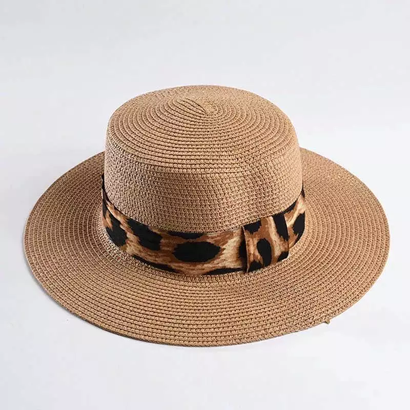 Black Paper Straw Summer Hat With Leopard Ribbon