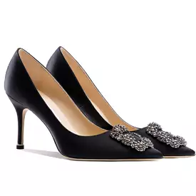 Black Silk Satin Rhinestones High Heels  Crystal Diamond Buckle  Pump