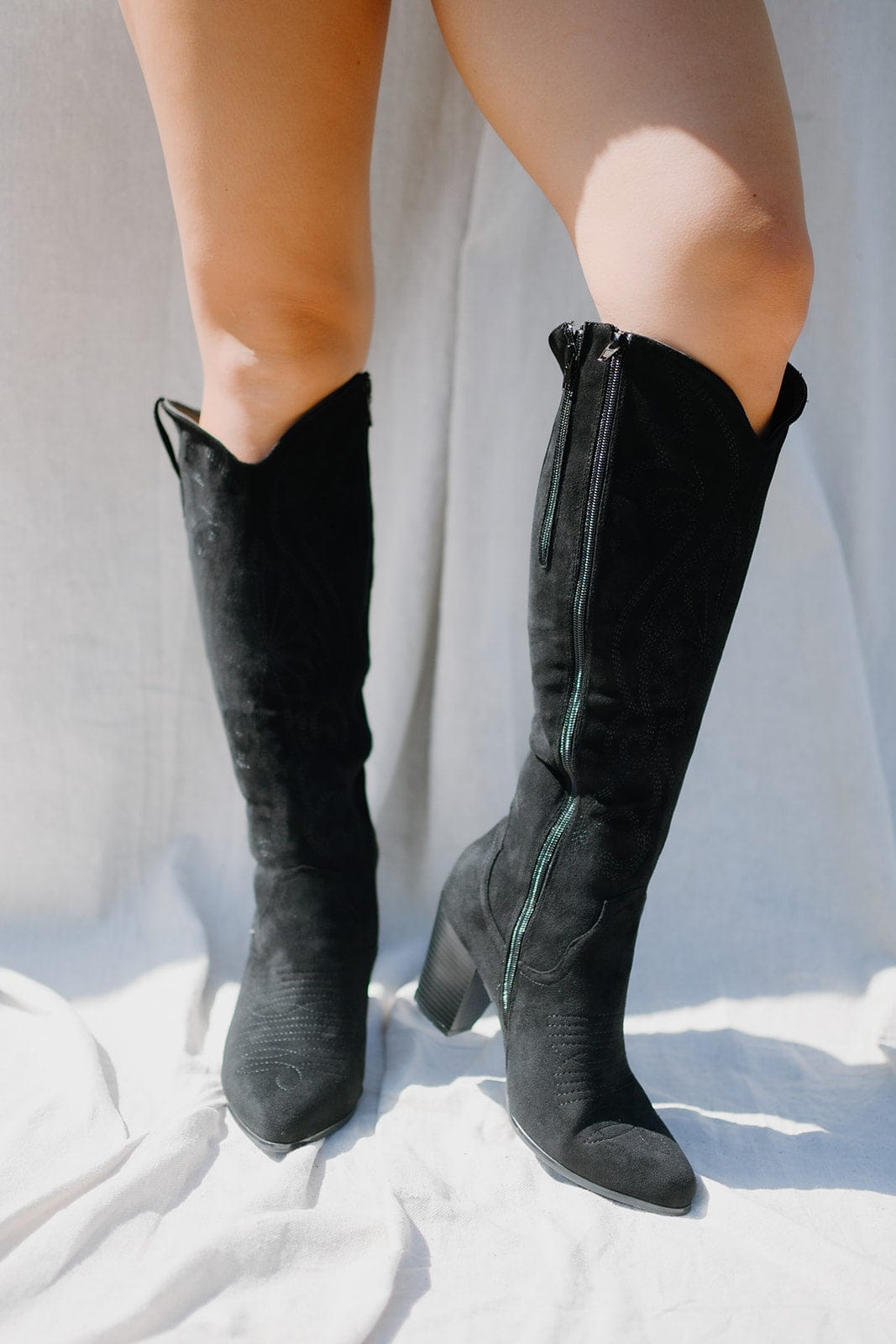 Black Suede Knee High Cowgirl Boots