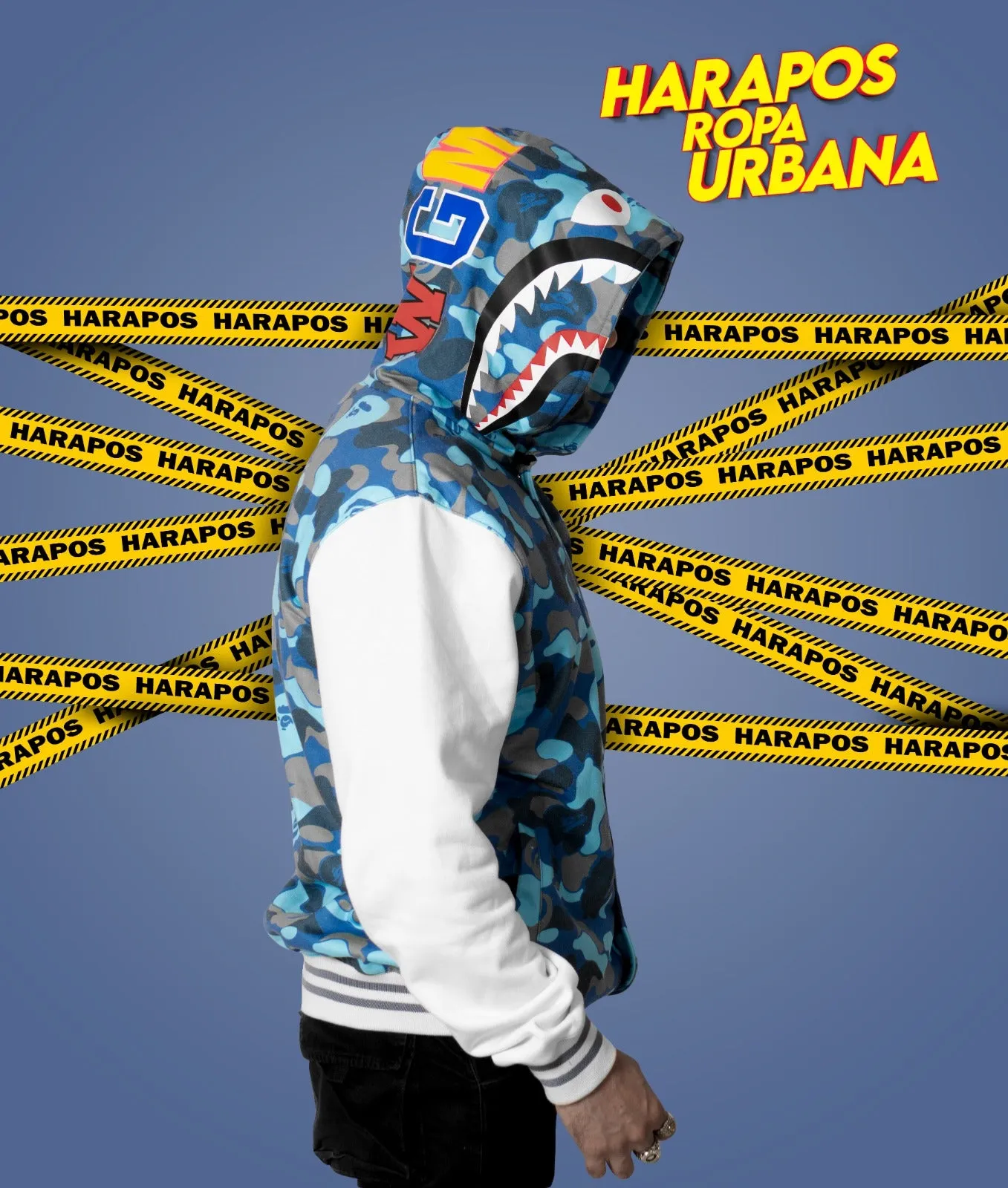 Chaqueta bape universitaria azul camuflado mangas blancas