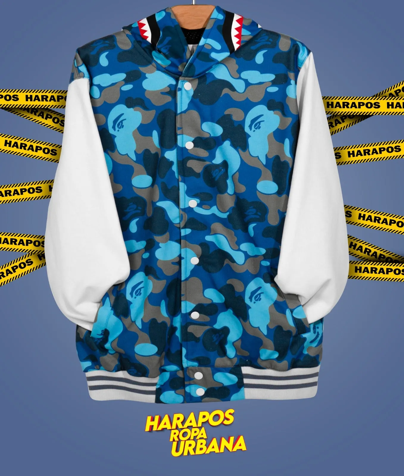 Chaqueta bape universitaria azul camuflado mangas blancas