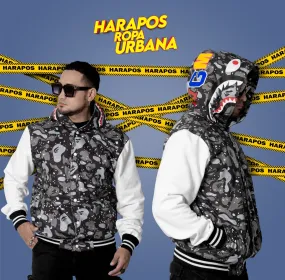 Chaqueta bape universitaria negro camuflado mangas blancas