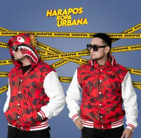 Chaqueta bape universitaria rojo camuflado mangas blancas