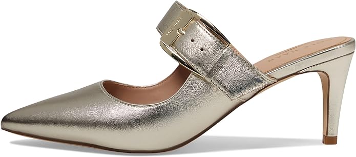 Cole Haan Vandam Buckle Gold Leather Pointed Toe Kitten Heeled Dress Pumps