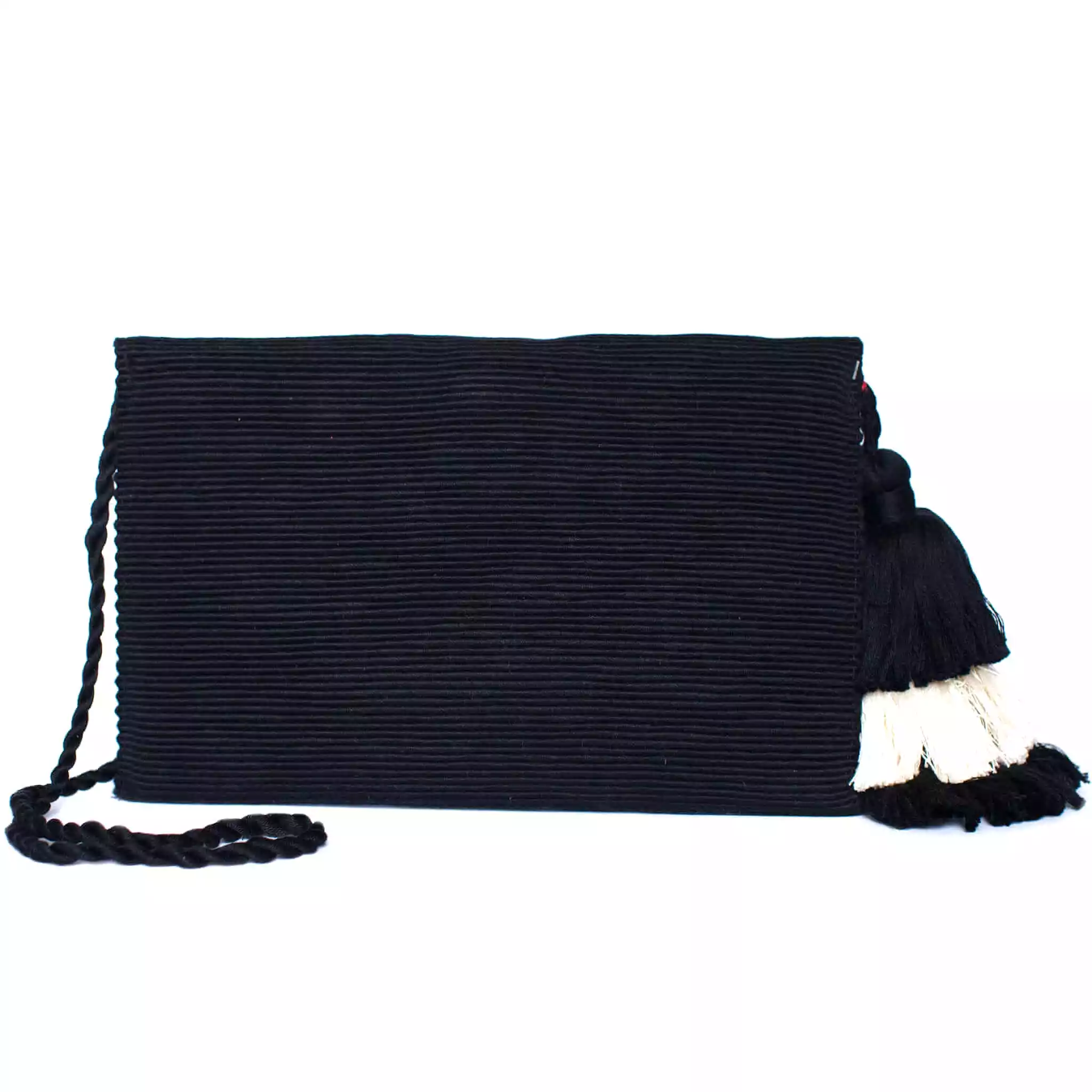 Cotton Clutch Bag in Black with Black and White Tassel