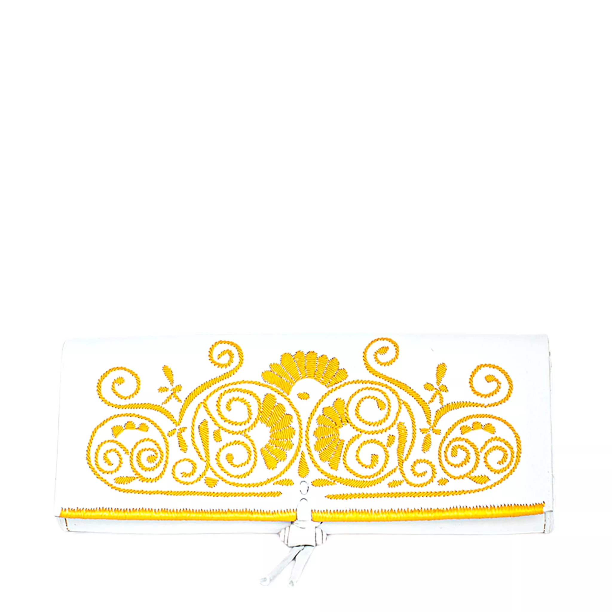 Embroidered Leather Clutch Bag in White, Yellow