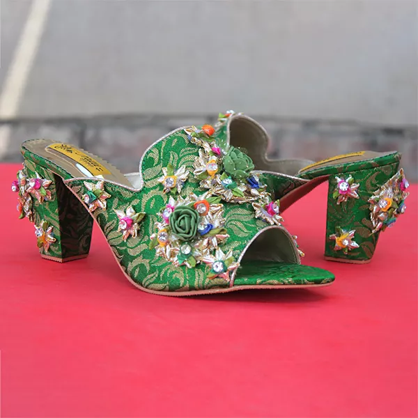 Green Fancy Heel Slippers for women