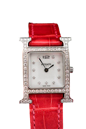 Hermes Pink Alligator Leather Diamond Heure Small Model H Jeu Watch