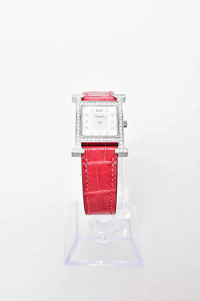 Hermes Pink Alligator Leather Diamond Heure Small Model H Jeu Watch