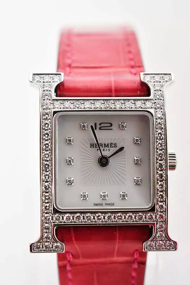 Hermes Pink Alligator Leather Diamond Heure Small Model H Jeu Watch