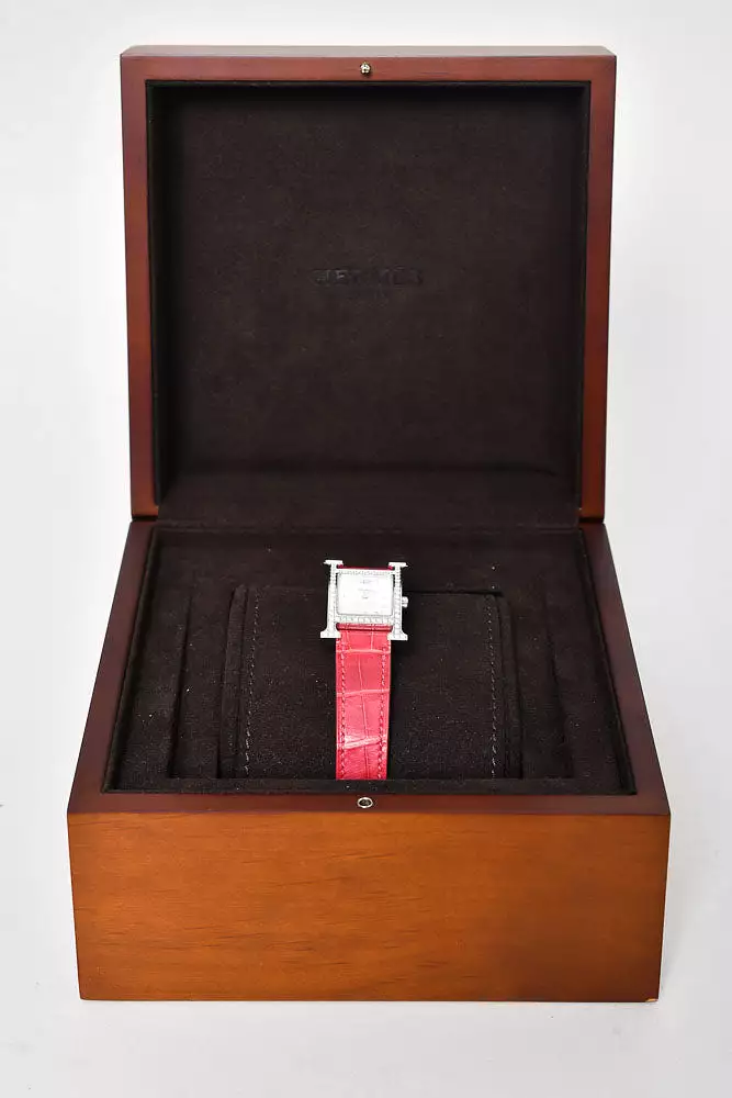 Hermes Pink Alligator Leather Diamond Heure Small Model H Jeu Watch