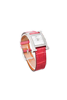 Hermes Pink Alligator Leather Diamond Heure Small Model H Jeu Watch