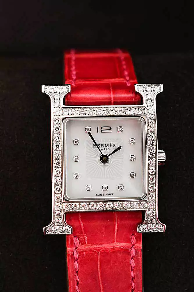 Hermes Pink Alligator Leather Diamond Heure Small Model H Jeu Watch