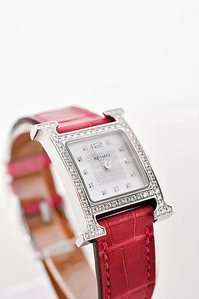 Hermes Pink Alligator Leather Diamond Heure Small Model H Jeu Watch