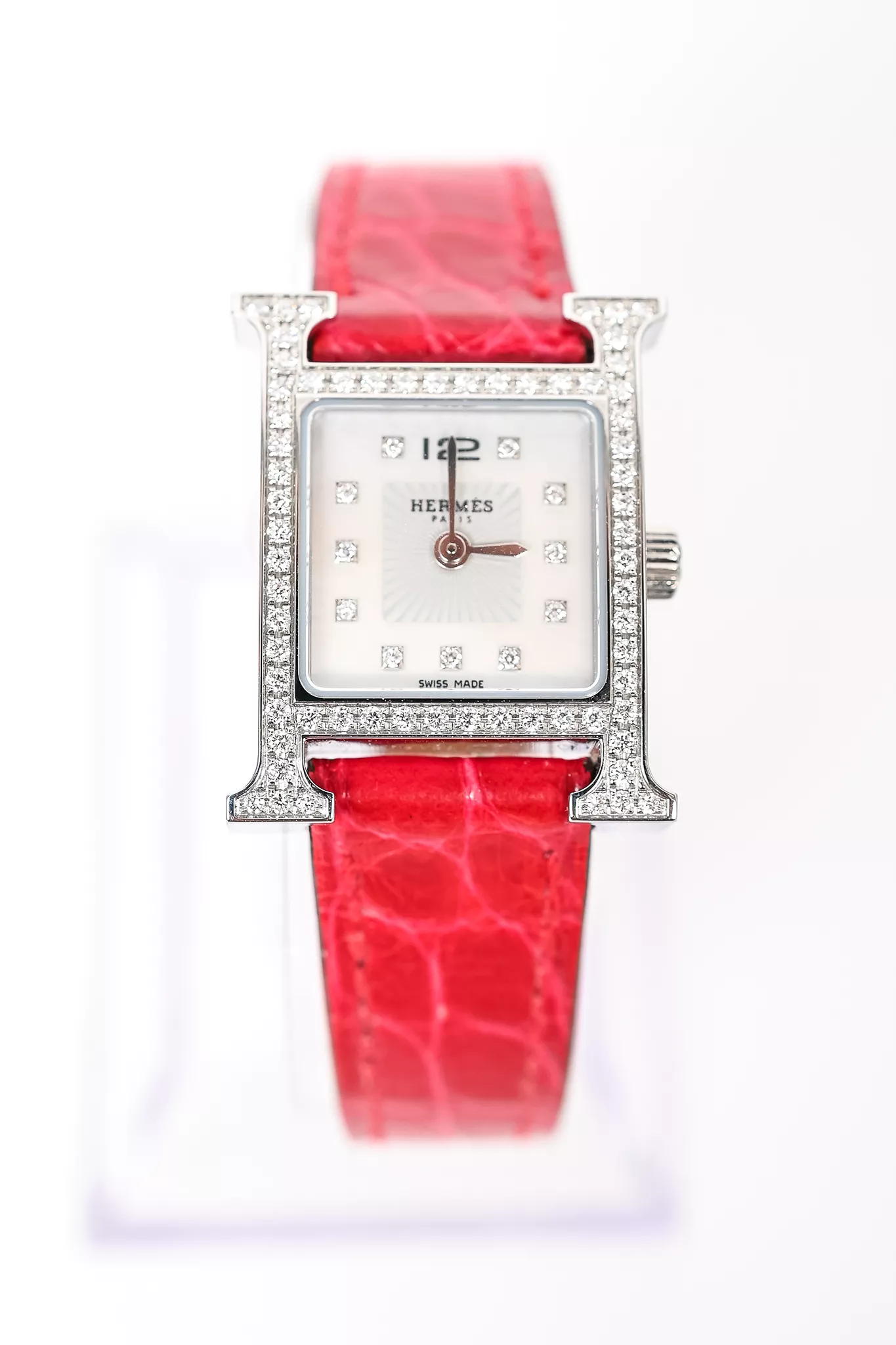 Hermes Stainless Steel Diamond Bezel Mini H Heure 21mm Watch w/ Magenta Alligator Strap