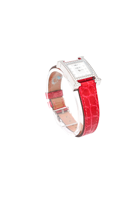 Hermes Stainless Steel Diamond Bezel Mini H Heure 21mm Watch w/ Magenta Alligator Strap