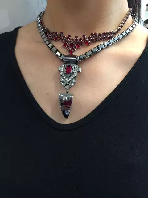 Layered Deco Fangs Necklace, Hematite