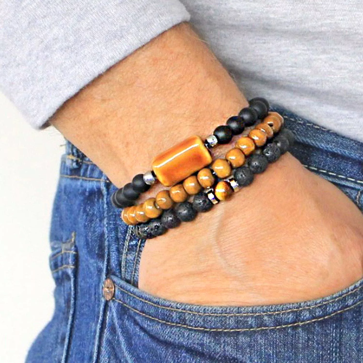 Men's Bracelets Set of 3 Beaded Stretch Bracelets