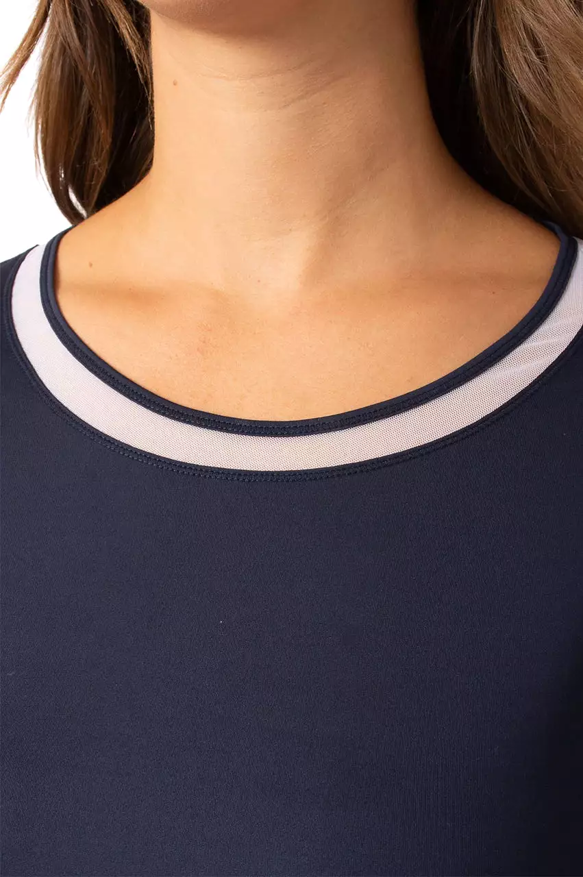 Navy/White Long Sleeve Mesh Trim Top