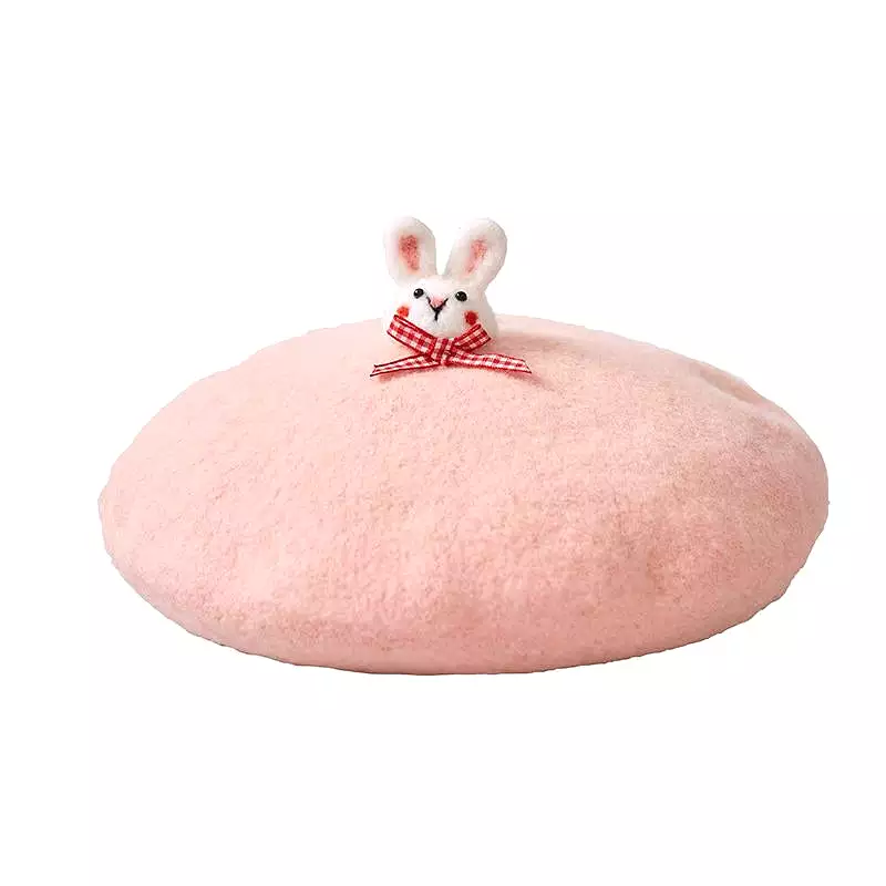 PINK CUTE BUNNY HANDMADE WOOL FELT BERET HAT BY51002