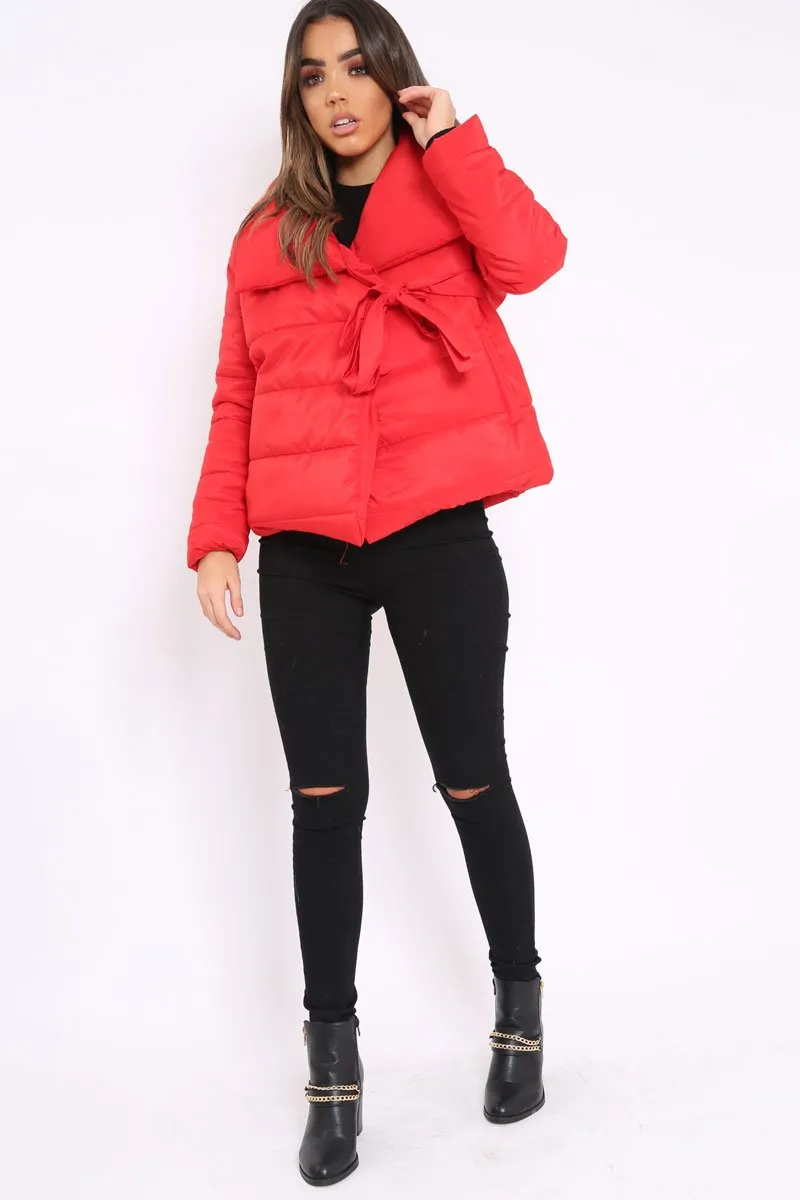 Red Puffer Jacket with Tie Front - Lolamae