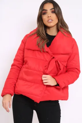 Red Puffer Jacket with Tie Front - Lolamae