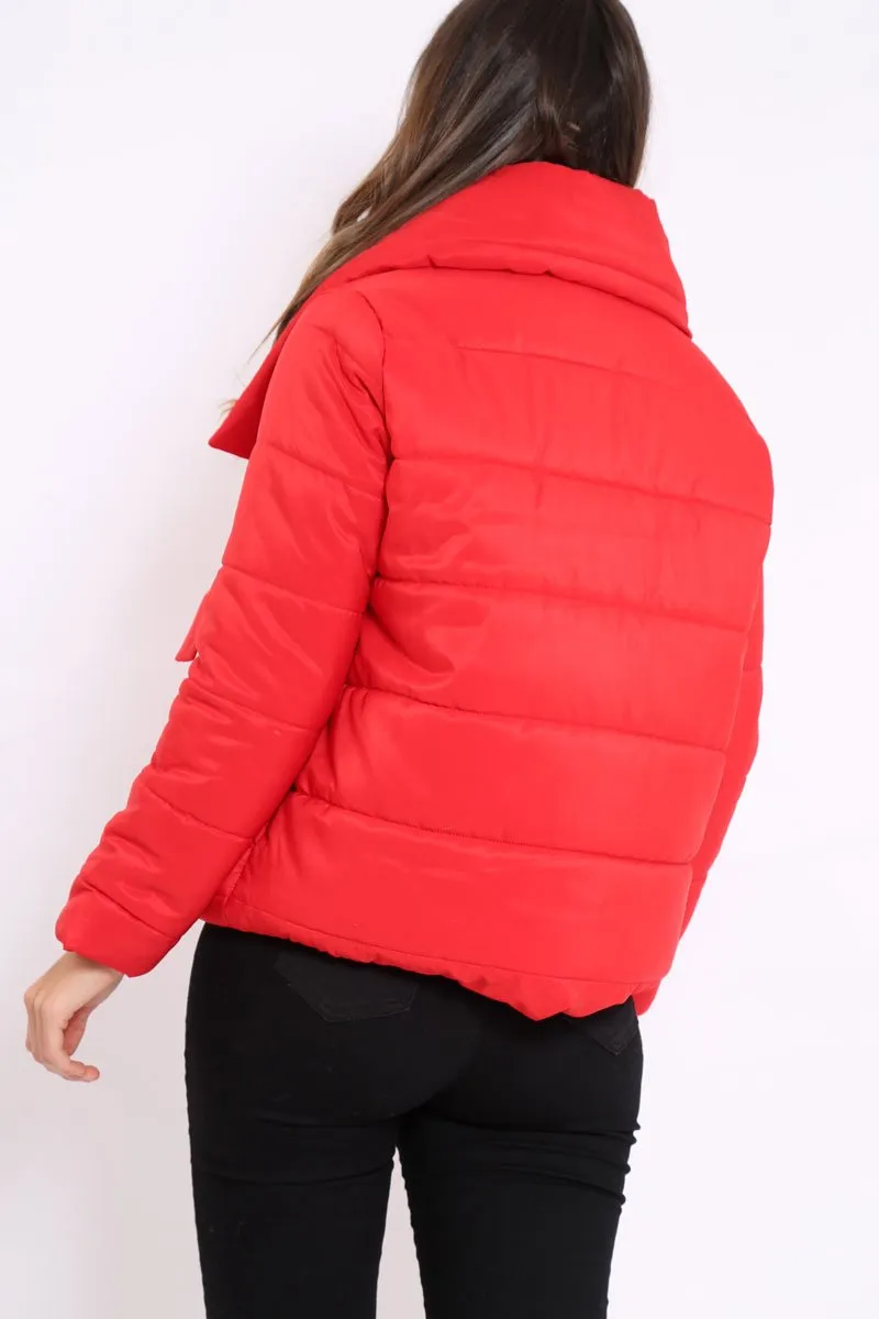 Red Puffer Jacket with Tie Front - Lolamae