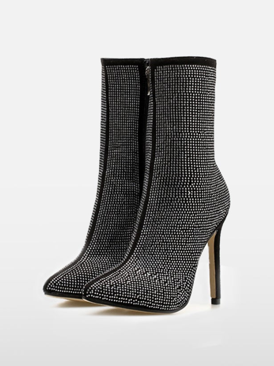 Rhinestone Pointed Toe Side Zipper Boots