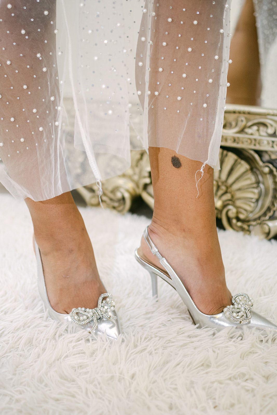 Silver Metallic Rhinestone Bow Heels