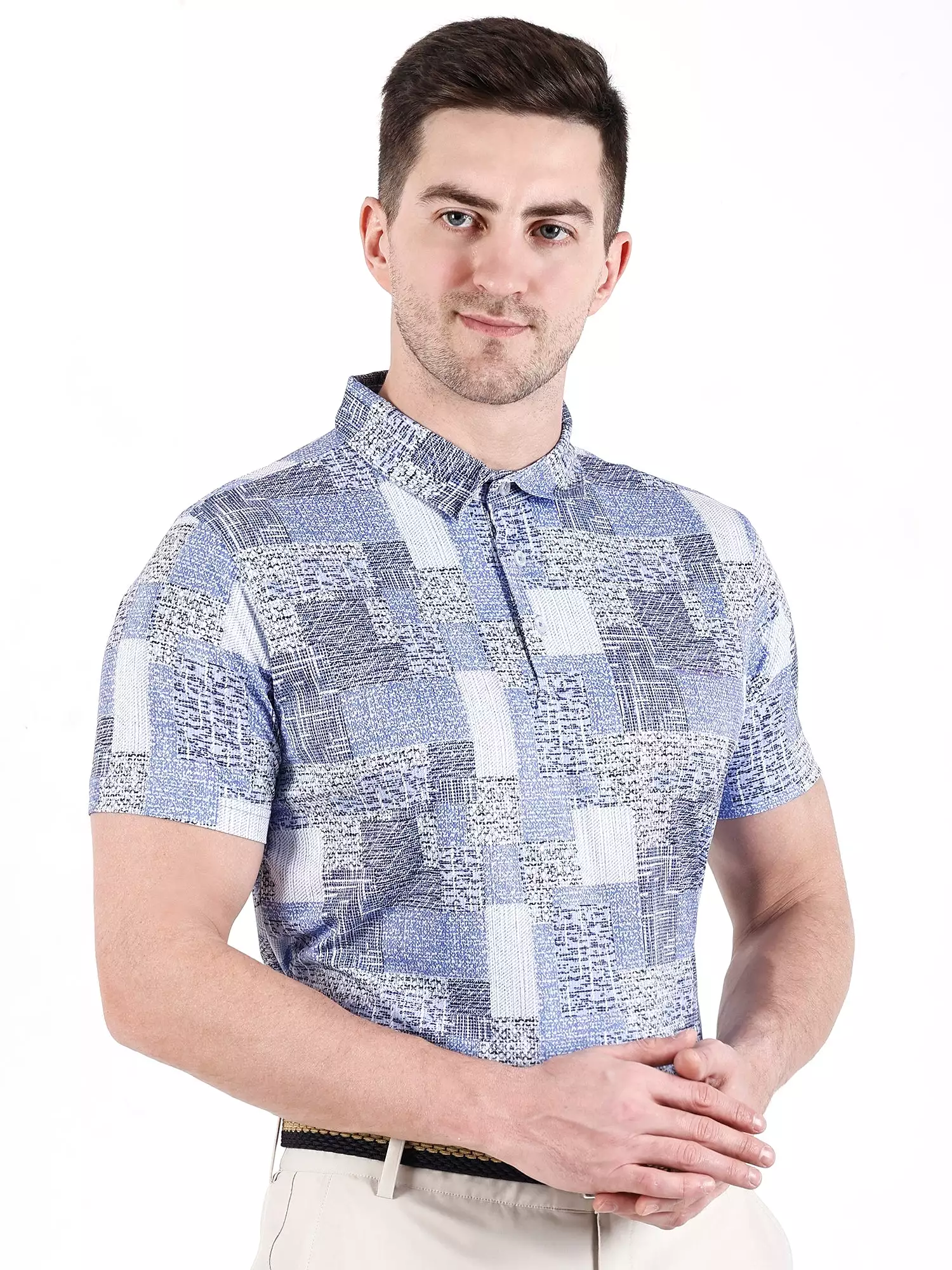 SLIGO Men's Light Blue White Printed Golf Polo