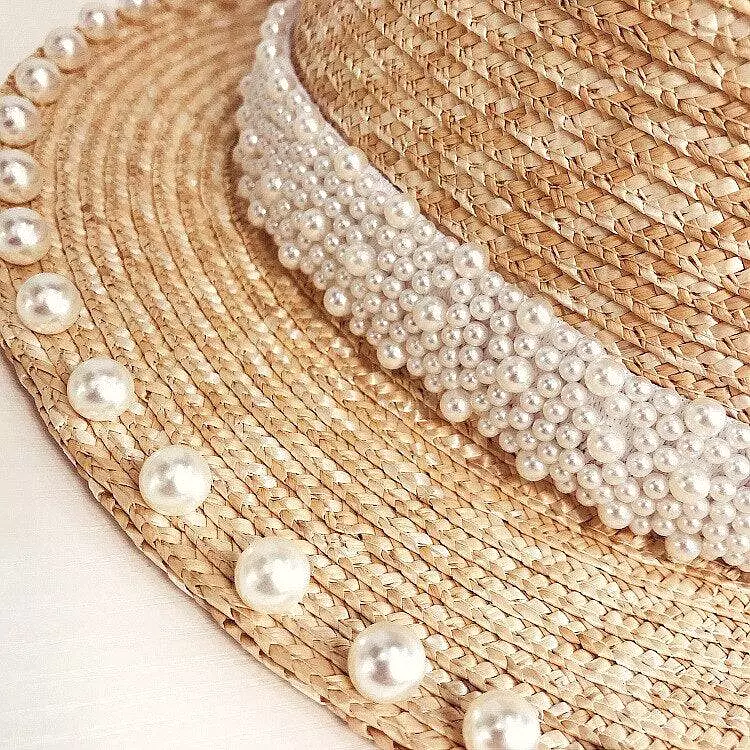 Straw Summer Hat With Pearl Decoration