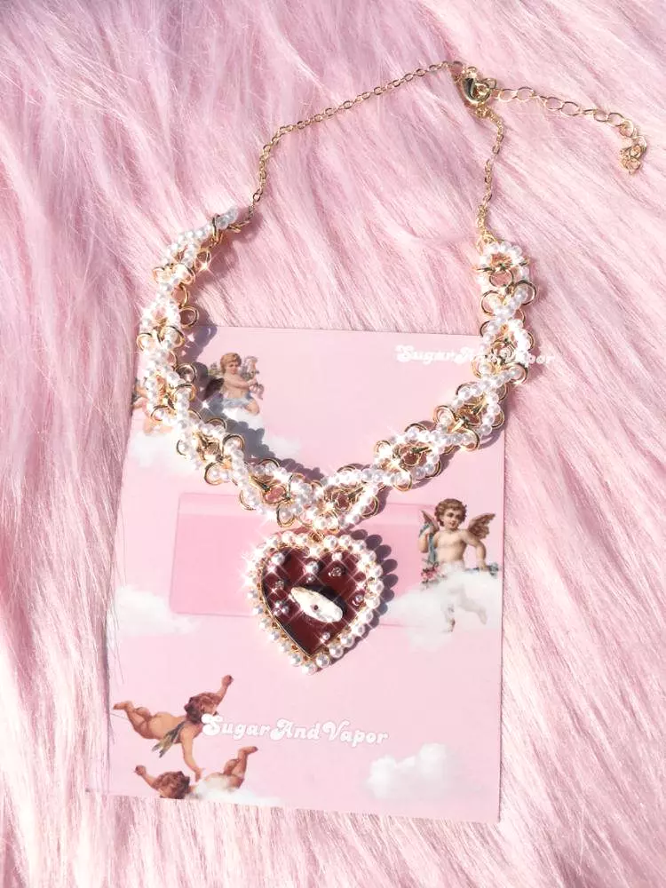 Vintage Hearts Pearls Chain Necklace