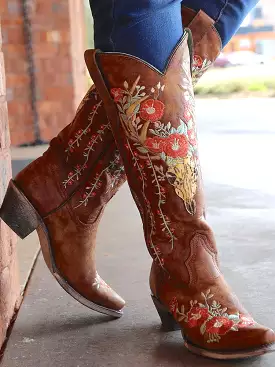 Western Cowgirl Embroidery Boots Pointed Toe Chunky Heel Western Mid Calf Boots